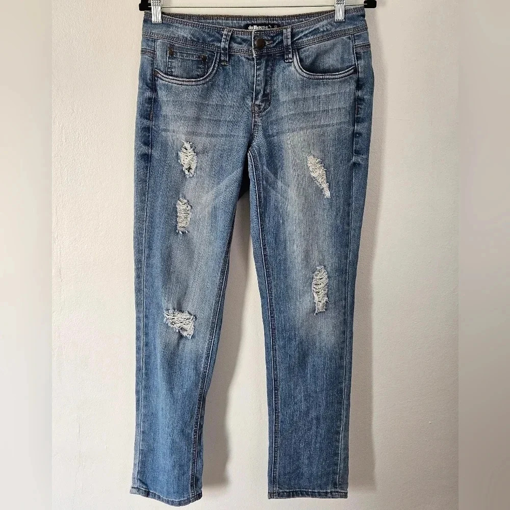 Dollhouse Sienna Distressed Straight Leg Jeans Blue Denim Size 8‎
